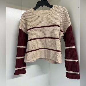 Striped Knit Sweater - Cream and Burgundy